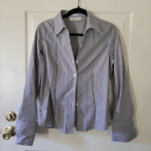 Women's Button Up Dress Shirt Non-Iron Gray White Striped | Calvin Klein, Size 8